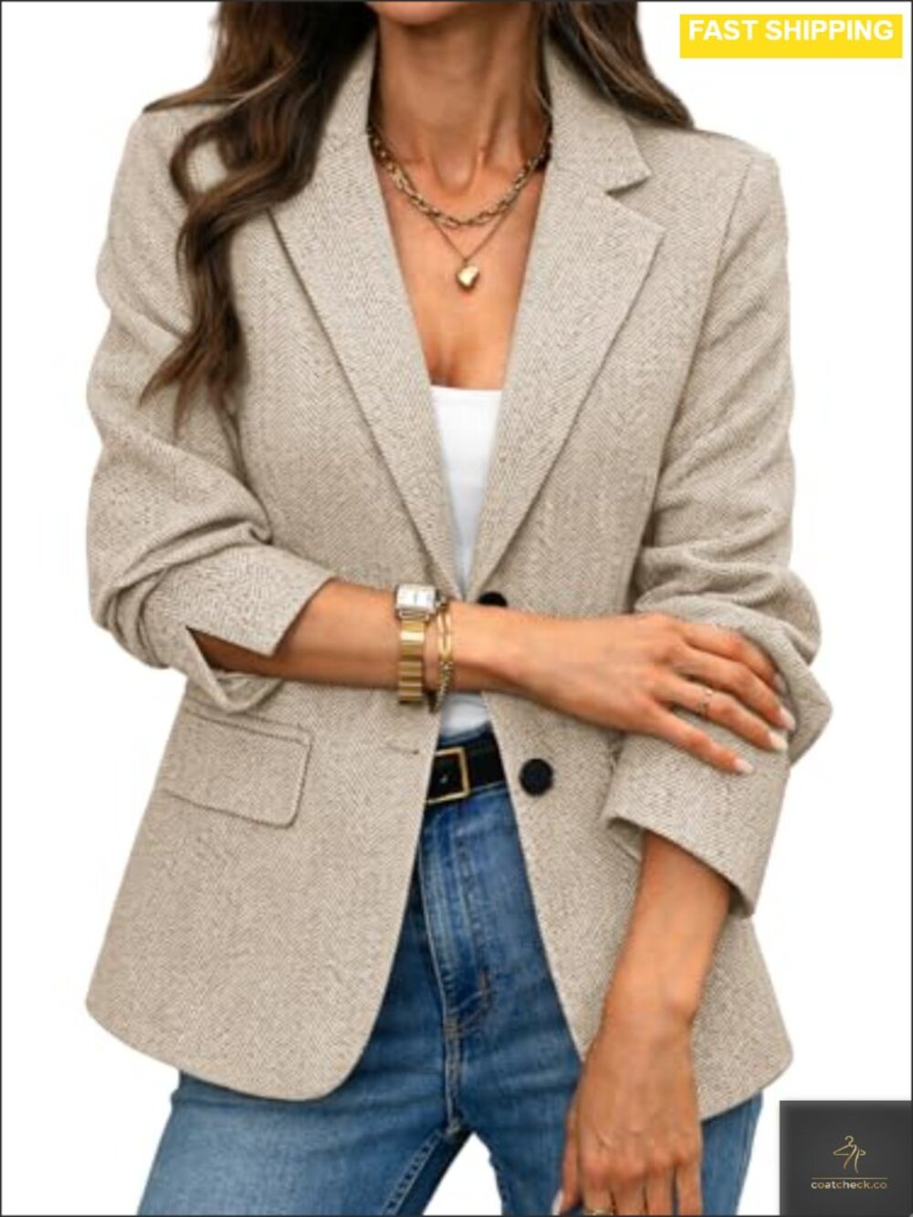 ELLEVEN Women's Herringbone Tweed Blazer Slim Fit Business Casual Jacket